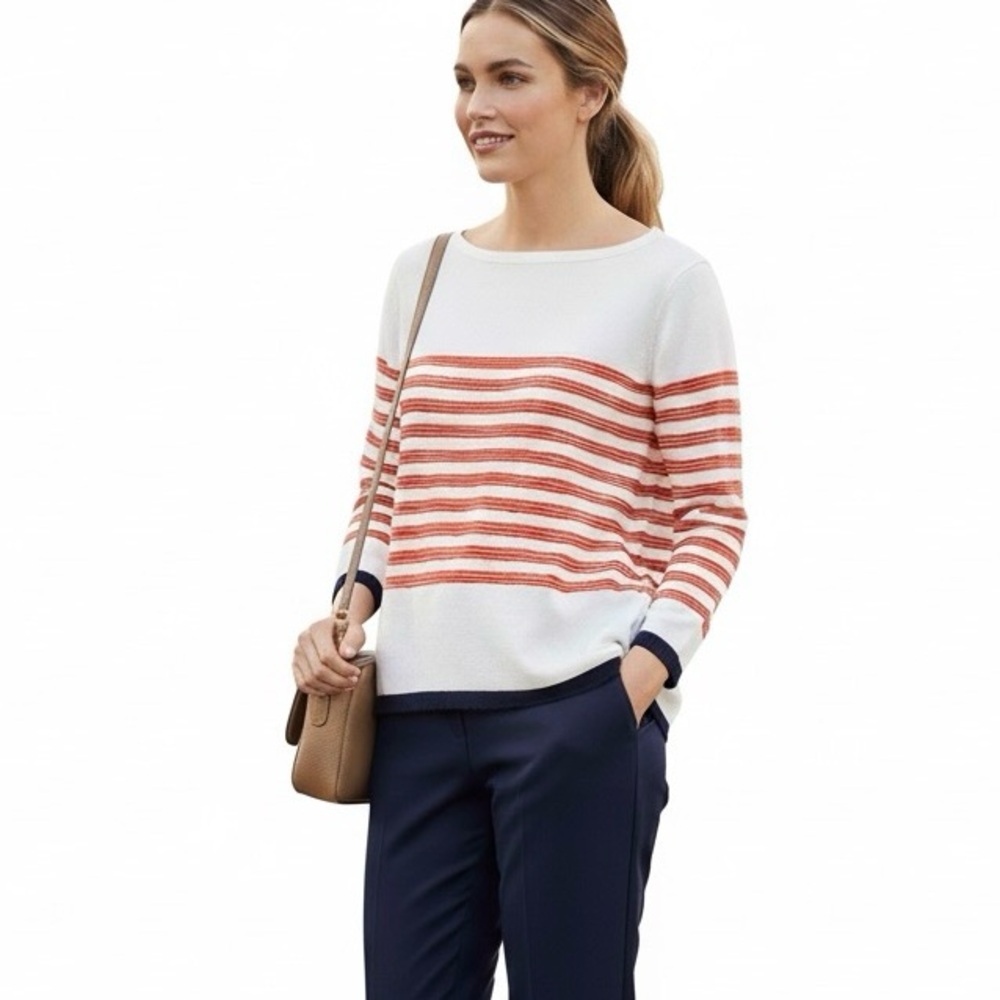 Ann Taylor LOFT Lightweight Summer Sweater White Red Blue Striped M Relax Fit